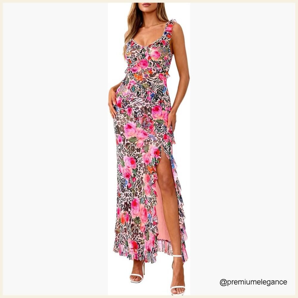 Slim Fit Maxi Dress with V-Neck, Spaghetti Straps, Side Slit, Mesh Lining
